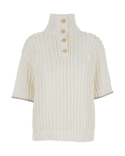 Maglia Con Collo Alto E Design Traforato di Brunello Cucinelli in White