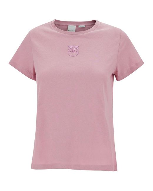Pinko Pink Crewneck T-Shirt With Love Birds Embroidery