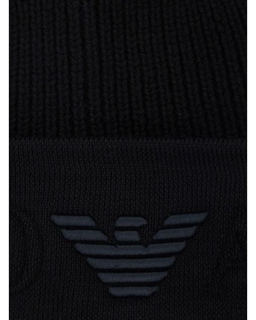 Emporio Armani Blue Beanie With Maxi Logo Embroidery On The Front for men