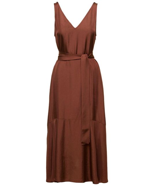 IVY & OAK 'nele' Brown Midi Dress With Belt And Flounced Skirt In Acetate