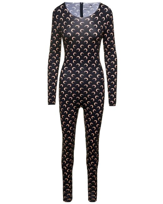MARINE SERRE Black Catsuit With All-over Moonogram Print In Recycled Stretch Fabric Woman