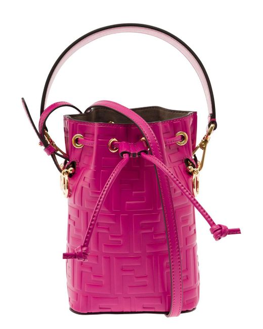 Fendi Pink 'mon Tresor' Fuchsia Mini Bucket Bag With Drawstring Closure With Embossed Ff Motif In Leather