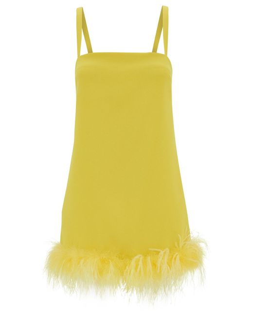 Pinko Mini Yellow Dress With Tonal Feathers Trim In Tech Fabric Woman