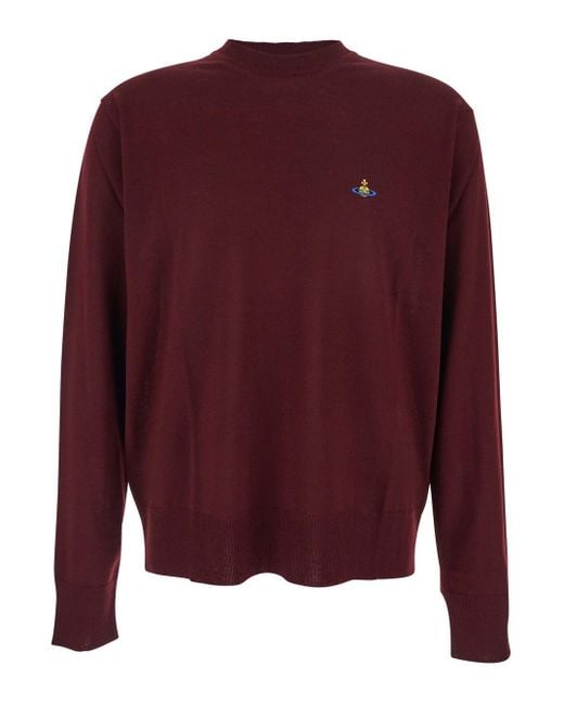 Vivienne Westwood Red Bordeaux Crew Neck Sweater With Dropped Shoulders And Orb Logo On The Front for men
