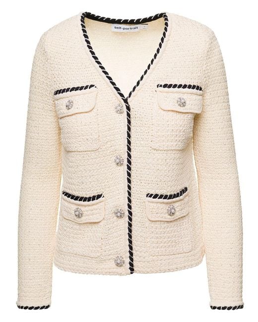 SelfPortrait Cream Sequin Knitted Cardigan in Natural Lyst