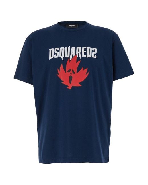 DSquared² Blue Crewneck T-Shirt Witrh Screaming Maple for men