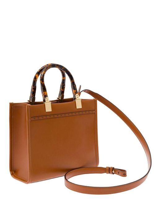 Fendi Brown 'Sunshine Small' Tote Bag With Embossed Logo And Tortoiseshell Handles