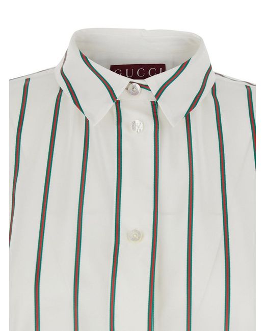 Gucci White Jacquard Silk Shirt With Classic Collar And All-Over Web Motif