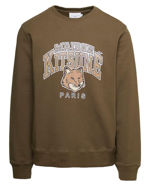Maison Kitsuné Brown Crewneck Sweatshirt With Front Logo Print for men