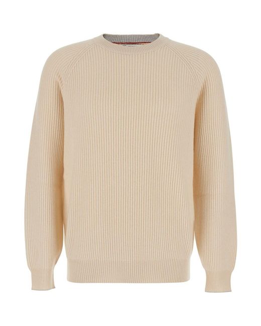 Brunello Cucinelli White Crew Neck Sweater With Ribbed Design for men