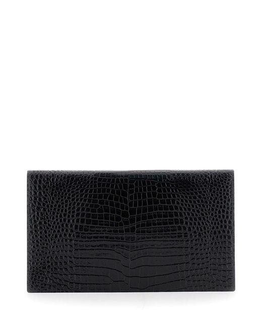 Saint Laurent Black Clutch Bag With Logo Plaque On The Front And All-Over Crocodile Effect