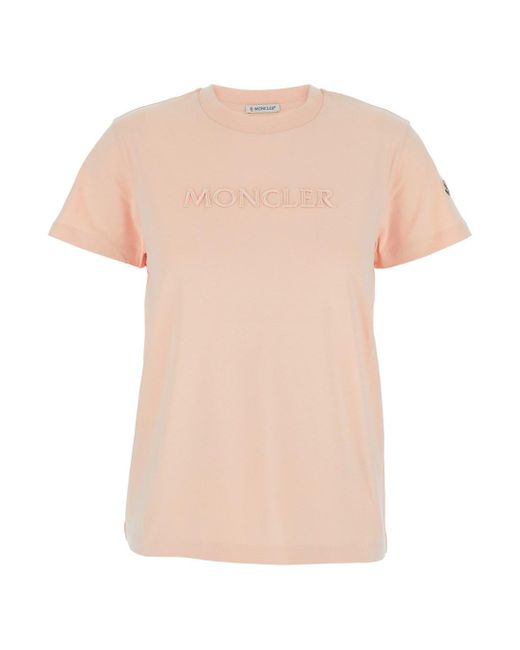 Moncler Pink Crewneck T-Shirt With Tonal Logo Lettering Embroidery On The Front And Logo Patch On The Sleeve
