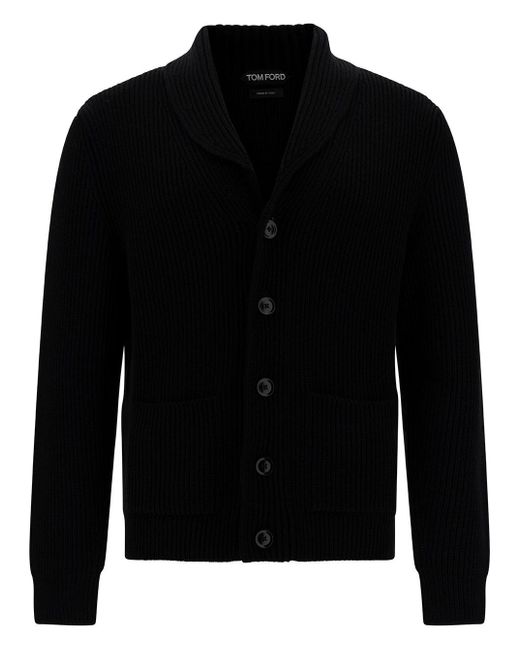 Cardigan a coste con bottoni tono su tono in lana e seta nera di Tom Ford in Black da Uomo
