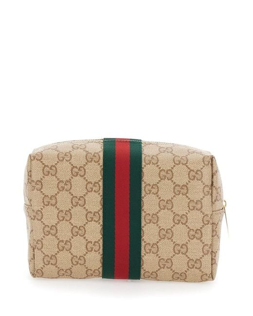 Gucci Natural Pouch With All-Over Gg Motif And Web Detail