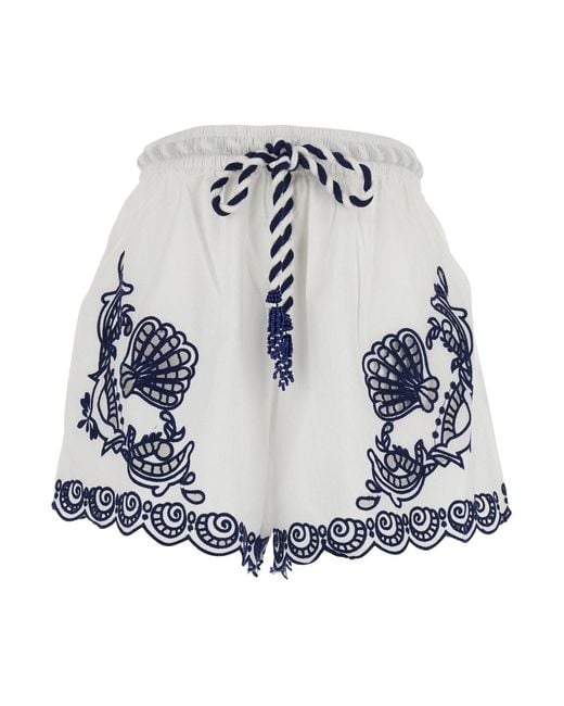 Farm Rio Blue Shorts Garden Tiles Cotton Embroidery