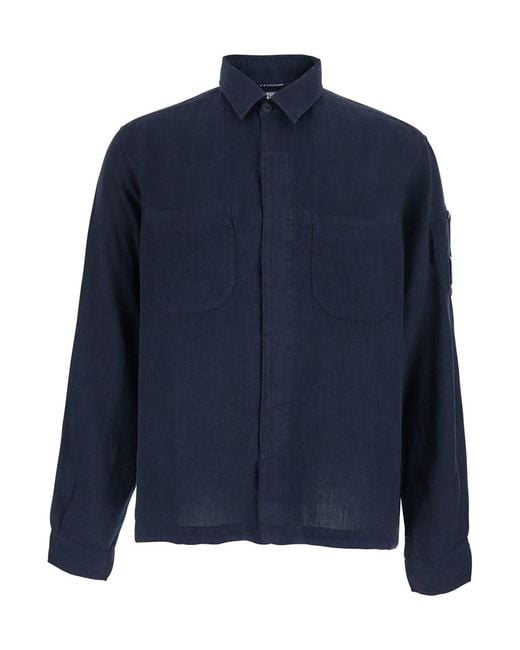 C P Company Blue Shirt With Classic Collar And Logo Plate On The Sleeve for men
