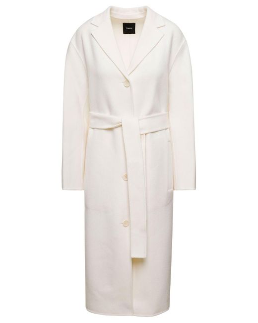 Theory White Relaxed Coat With Matching Belt And Tonal Buttons In Wool And Cashmere