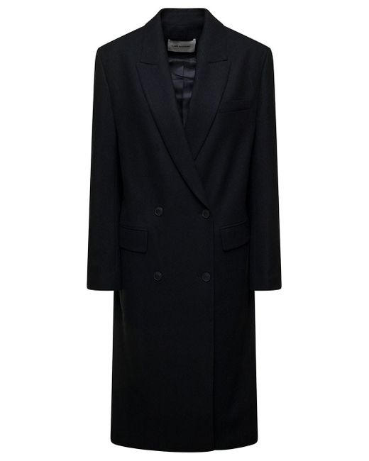 Low Classic Black Long Double-breasted Coat With Tonal Buttons In Wool Blend