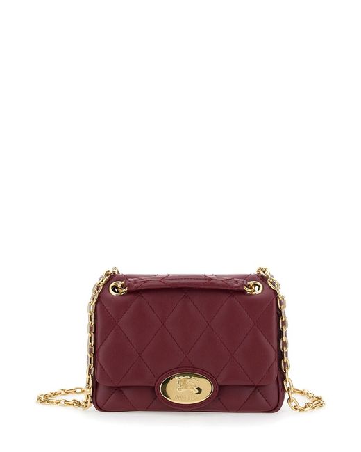 Burberry Purple Bordeaux Quilted Crossbody Bag With Ekd Plaque On The Front And Chain-Link Shoulder Strap