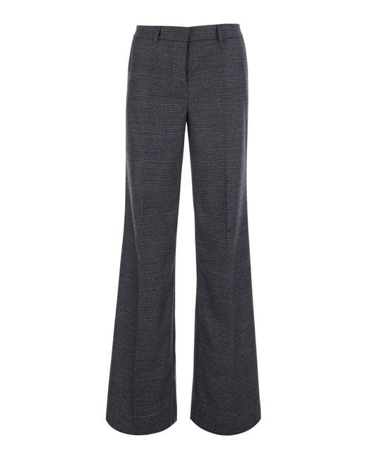 Le Plain Blue Straight Check Trousers With Pockets And Logo