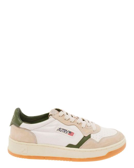 Autry White 'Medalist Canvas' Low Top Sneakers With Suede Insert for men