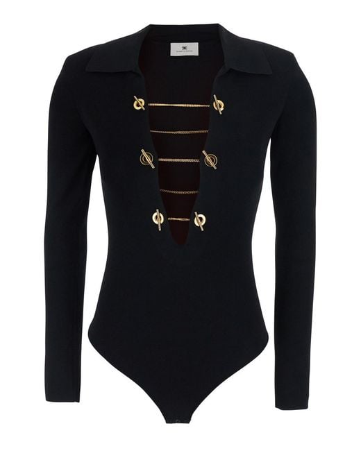 Elisabetta Franchi Black Knit Top With High Neck And Long Sleeves
