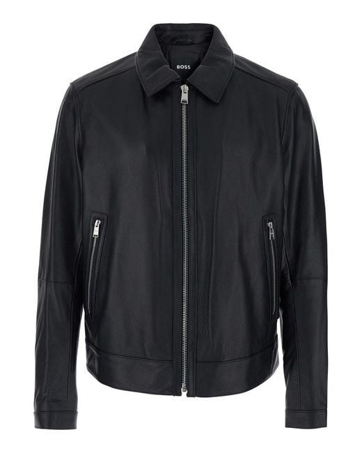 Boss Black Jacket With Classic Collar And Fornt Zip Closure for men