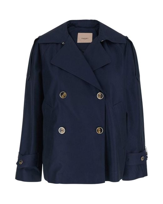 Twinset Blue Short Double-Breasted Trench Coat
