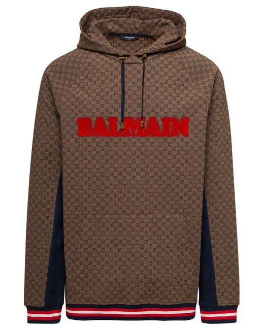 Balmain Brown Hoodie With All-over Retro Monogram Print In Cotton Man for men
