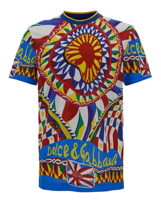 Dolce & Gabbana Multicolor Cotton T-shirt With Carretto Print for men