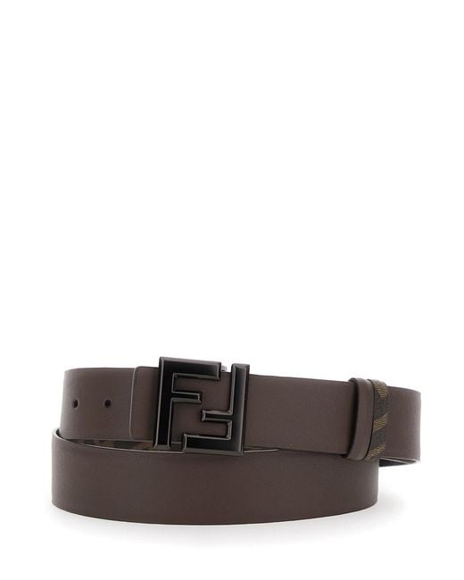 Fendi Gray Belt With Metallic Ff Logo Plaque On The Front And Ff Motif for men