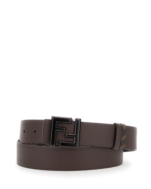 Fendi Gray Belt With Metallic Ff Logo Plaque On The Front And Ff Motif for men