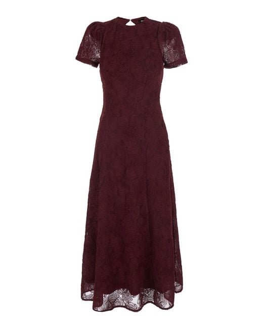 ROTATE BIRGER CHRISTENSEN Purple Bordeaux Long Dress With Floral Embroidery And Flared Skirt