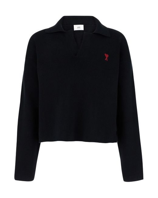 AMI Black Polo Sweater With Embroidered Ami De Coeur Logo