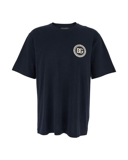 Dolce & Gabbana Blue Crewneck T-Shirt With Logo Embroidery On The Front for men