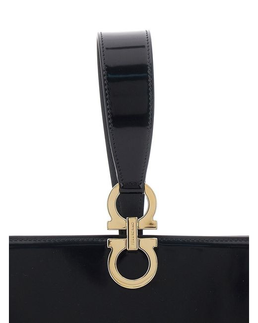 Ferragamo Black Clutch With Gancini Press-Button And Handle
