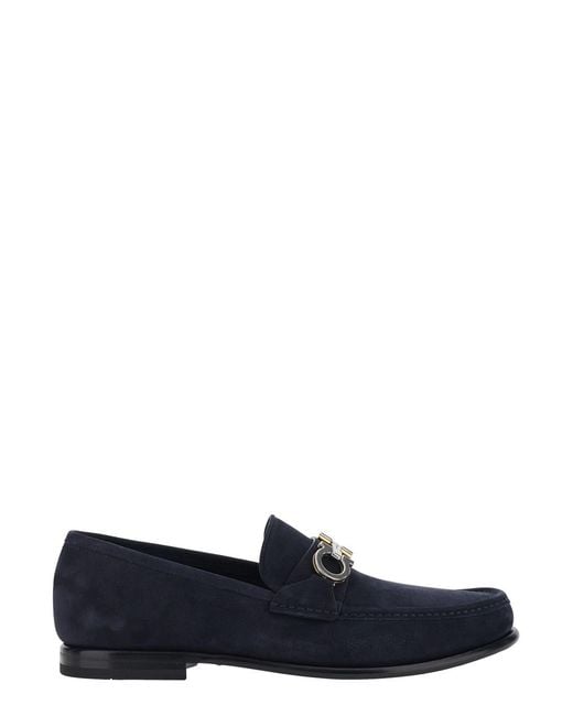 Ferragamo Blue 'Avril' Loafers With Gancini Plaque On The Front for men