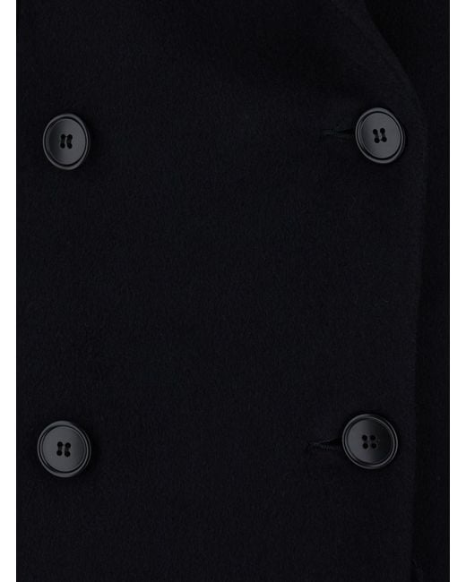 Le Plain Black Long Double-Breasted Coat With Peak Revers