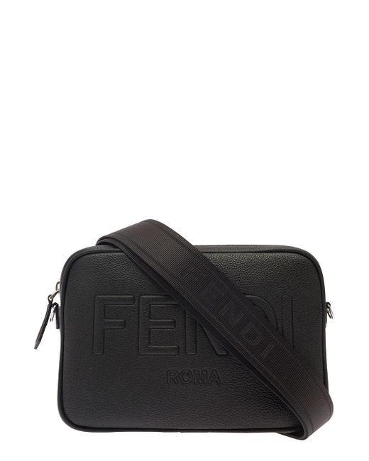 Fendi Black Camera Case Crossbody Bag With Embossed Logo In Leather Man for men