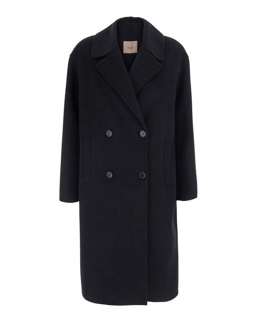 Twinset Black Double-Breasted Coat With Notched Revers