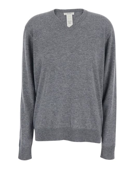 The Row Gray Nian Top Cashmere Long Sleeve Round Neck Sweater For Wome