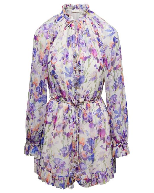 Zimmermann White Lilac Tama Playsuit With Floral Print All-over In Viscose Woman