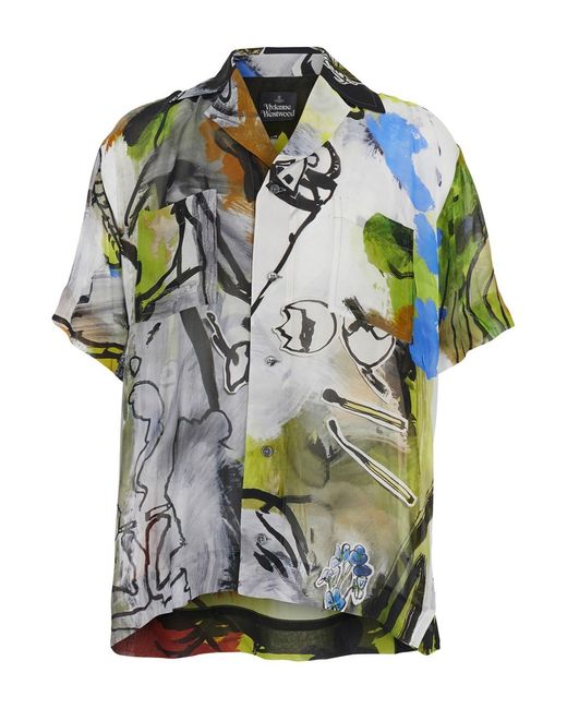 Vivienne Westwood Green Long-Sleeved Shirt With Camp Collar And All-Over Graphic Print for men