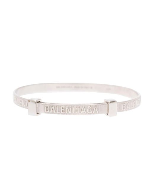 Balenciaga White 'logo Hoop' Bangle Bracelet With Engraved Logo In Sterling Silver Woman