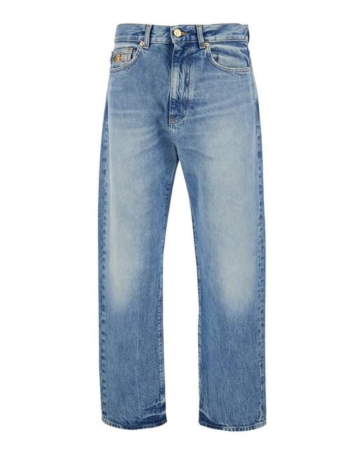 Versace Blue Jeans With Back Logo Patch And Faded Effect for men
