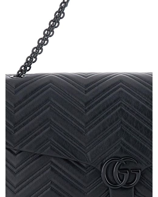 Gucci Black Crossbody Bag With Sliding Chain-Link Shoulder Strap And Gg Plaque Closure On The Front