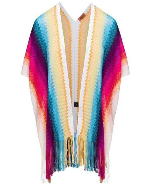 Missoni Blue Cape With Striped Motif All Over And Fringed Hems In Viscose Woman