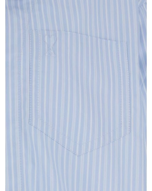 AMI Blue Light Long-Sleeved Shirt With Classic Collar And Striped Motif for men