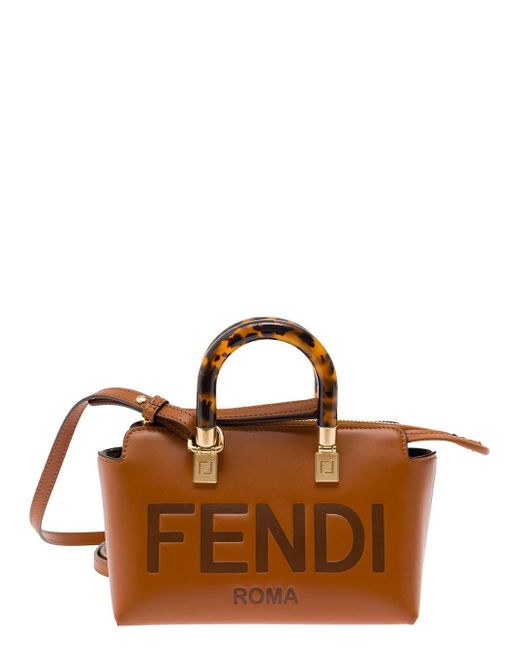 Fendi Brown 'By The Way Mini' Boston Bag With Hot-Stamped Lettering In