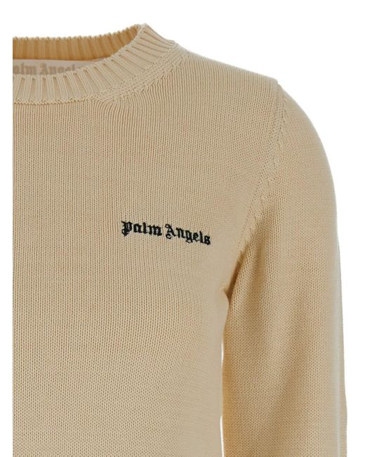 Palm Angels Natural Cream Crewneck Sweater With Embroidered Logo